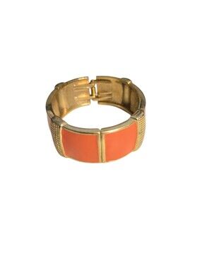 Vintage Gold Tone Orange Enamel Hinged Bangle Cuff Bracelet